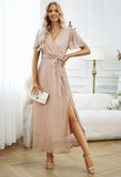 V-NECK SPLIT SHORT SLEEVE LONG DRESS