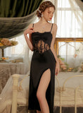 SEXY ICE SILK SLIT LACE PERSPECTIVE SUSPENDER NIGHTDRESS PAJAMAS