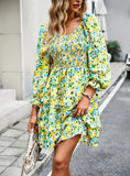 HOLIDAY LEISURE FLORAL V-NECK LONG SLEEVE DRESS