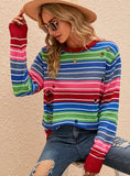 STYLISH LONG-SLEEVED ROUND NECK STRIPED HOLES SWEATER