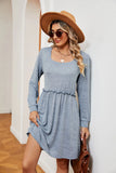 SOLID COLOR SQUARE NECK LONG SLEEVE LOOSE DRESS