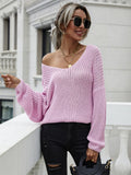 FASHION SOLID COLOR PULLOVER V-NECK LOOSE SWEATER
