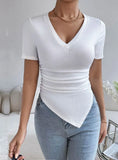 V-NECK SLIM IRREGULAR KNITTED SHORT SLEEVE TOP