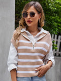 CLASSY LOOSE SLEEVELESS ZIPPER STRIPED KNIT VEST