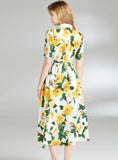 LAPEL SLIM WAIST PRINTED MEDIUM AND LONG DRESS