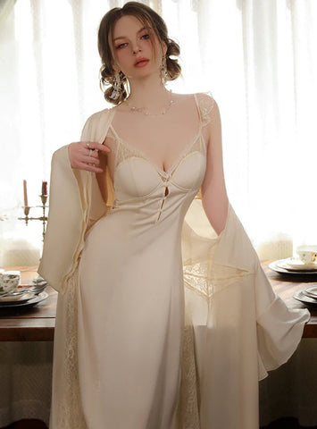 FASHION SATIN STITCHING LACE AND CHEST PAD PAJAMAS