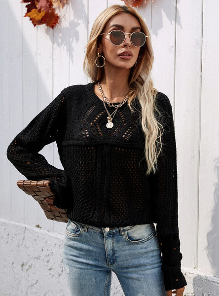 FASHION TURTLENECK HOLLOW SOLID COLOR SWEATER