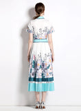PRINTED LAPEL SHIRT+PLEATED SKIRT TWO PIECE SUIT