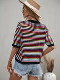FASHION SPLICED HOLLOW LOOSE ROUND NECK STRIPED SWEATER