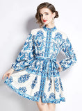 RETRO PRINTED LONG SLEEVE STAND-UP SLIM DRESS