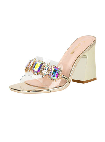 THICK-HEELED METAL DIAMOND BUCKLE SLIPPERS