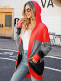 STYLISH HOODED KNITTED CARDIGAN CONTRAST SWEATER COAT