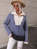 CLASSY PULLOVER COLOR MATCHING LONG SLEEVE ZIPPER SWEATER