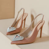POINTED HEART-SHAPED METAL RHINESTONE STILETTO SANDALS