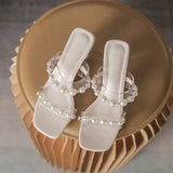 THICK HEEL PEARL CRYSTAL SANDALS SLIPPER