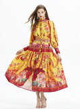Printed Long-sleeved Silm Waist Ruffled Dress