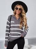 CLASSY HIGH NECK STRIPED LONG SLEEVE ZIPPER SWEATER