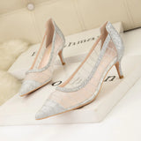 THIN HIGH HEEL POINTED MESH LACE SHOES