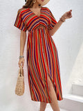 COLOR STRIPED CASUAL V-NECK BUTTON DRESS