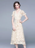 SHORT-SLEEVED LACE V-NECK DRESS