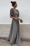 V Neck Long Ruffles High Waist Party Dress