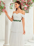 Off The Shouler Layer Tulle Belt Lace Wedding Dress