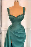 Beaded Straps Draped Overskirt Emerald Green Satin Prom Dress