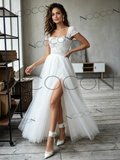 Square Lace & Tulle A Line Wedding Dress With Slit