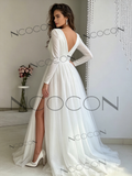 V Neck Tulle Long Sleeve Ruched A Line Wedding Dress With Slit