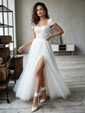 Square Lace & Tulle A Line Wedding Dress With Slit
