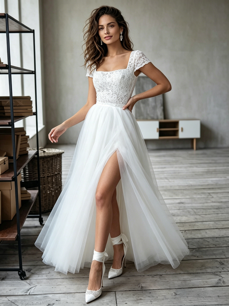 Square Lace & Tulle A Line Wedding Dress With Slit