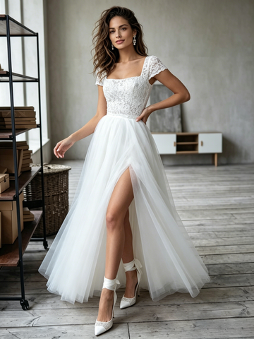 Square Lace & Tulle A Line Wedding Dress With Slit