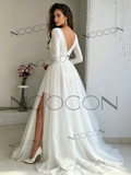 V Neck Tulle Long Sleeve Ruched A Line Wedding Dress With Slit