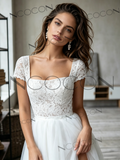 Square Lace & Tulle A Line Wedding Dress With Slit
