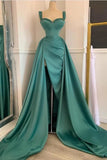 Beaded Straps Draped Overskirt Emerald Green Satin Prom Dress