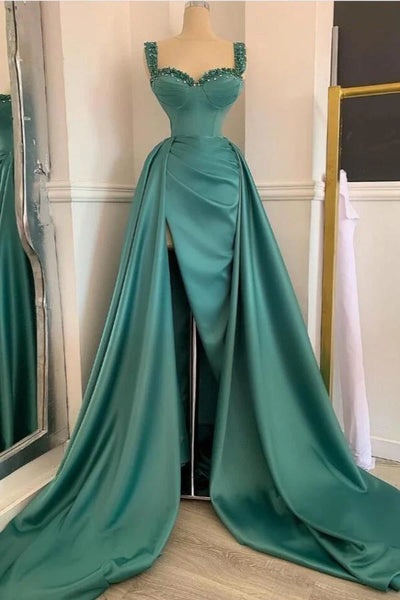 Beaded Straps Draped Overskirt Emerald Green Satin Prom Dress