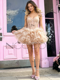 Champagne Spaghetti Straps A Line Tulle Ruffles Homecoming Dress