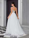 V Neck Sheer Mesh Tulle A Line Wedding Dress