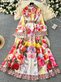 Stand Collar Belt Floral Printed Maxi Dress