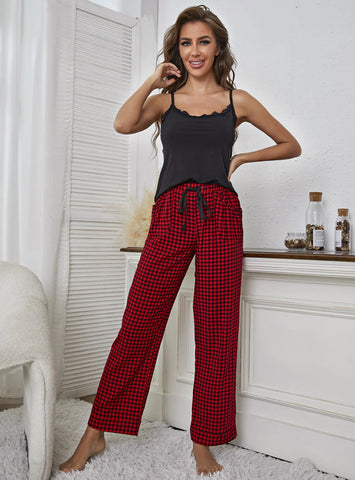 FASHION THIN SLING PLAID HOME SUIT