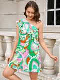 FASHION PRINTED HIGH WAIST ONE SHOULDER DRESS