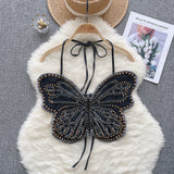Intricate Beadwork  Denim Butterfly Halter Top