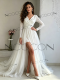 V Neck Tulle Long Sleeve Ruched A Line Wedding Dress With Slit