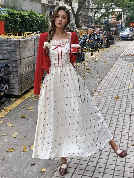 Two Piece Colorful Floral Appliqués White Midi Dress