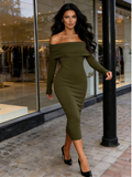 Brown Long Sleeve Elegant Knit Club Party Midi Maxi Dress