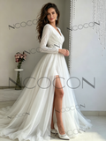 V Neck Tulle Long Sleeve Ruched A Line Wedding Dress With Slit
