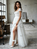 Square Lace & Tulle A Line Wedding Dress With Slit