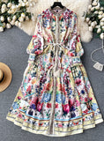 RETRO PALACE STYLE LAPEL LONG SLEEVE PRINTED DRESS