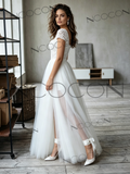 Square Lace & Tulle A Line Wedding Dress With Slit