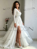 V Neck Tulle Long Sleeve Ruched A Line Wedding Dress With Slit